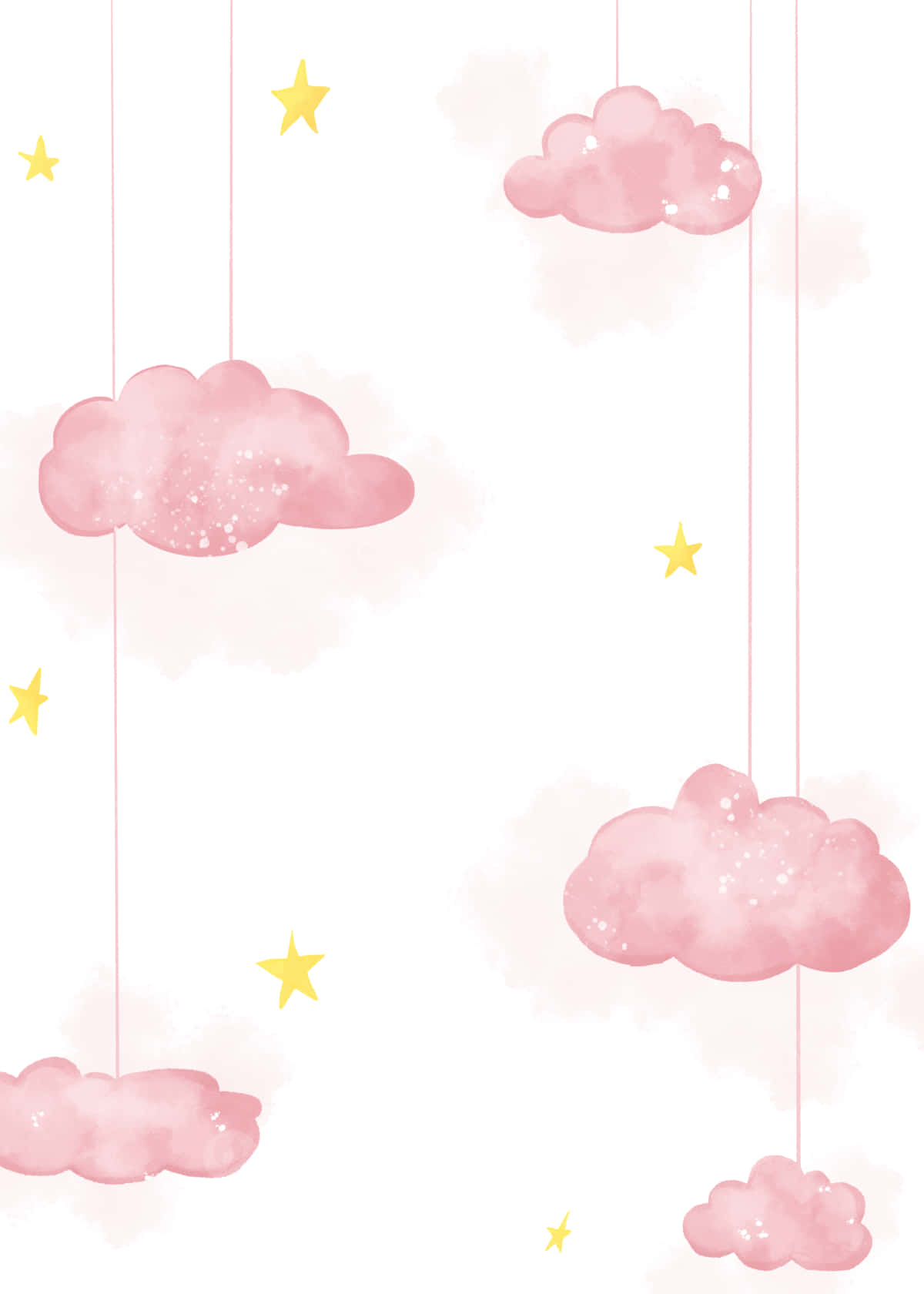 雲朵 桌布 壁紙 — 粉紅色水彩雲朵和黃色星星掛在細線上，背景為柔和的白色。