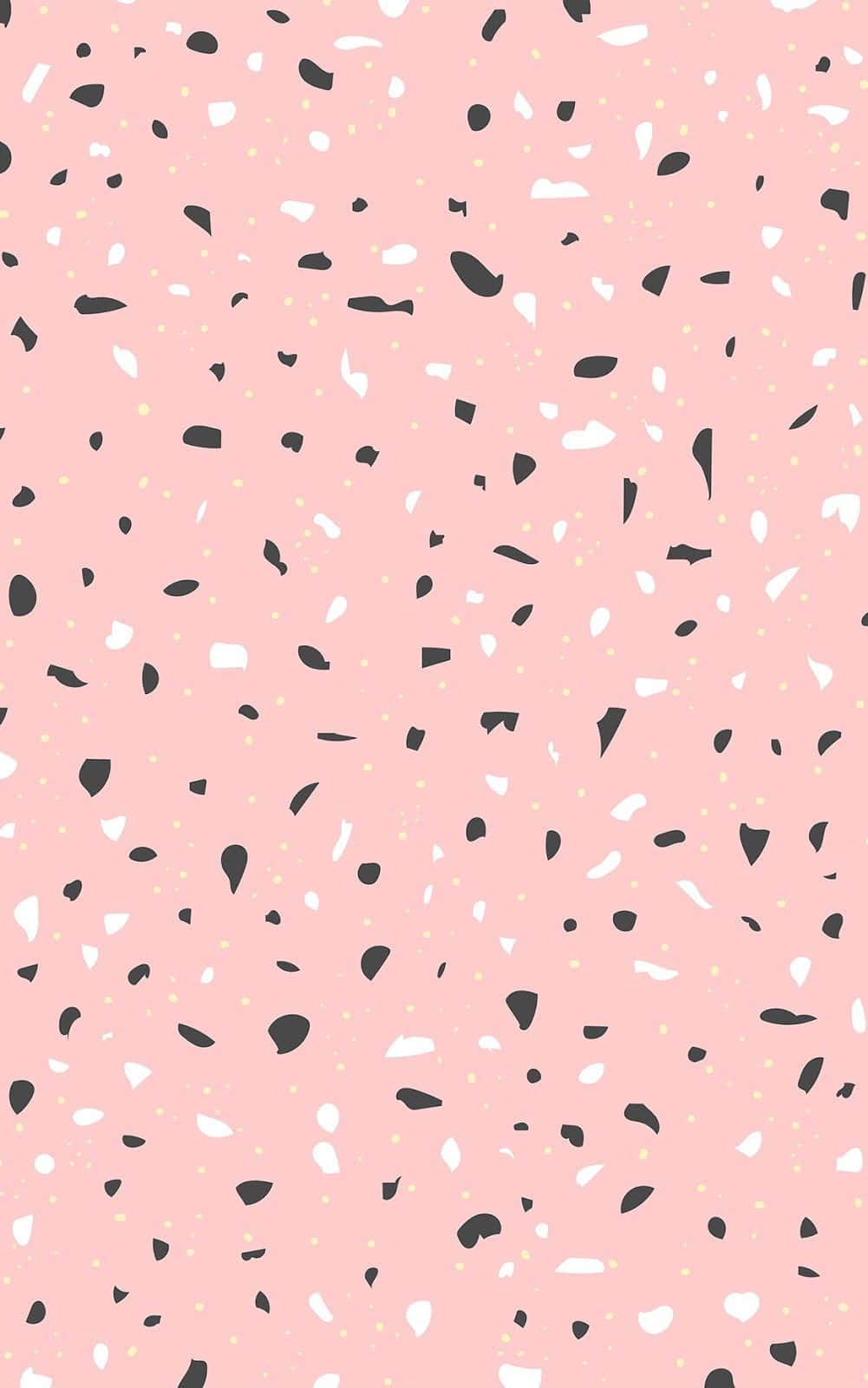 Minimalist Pattern 桌布 壁紙 — 粉紅色水磨石圖案，帶有黑色、白色和黃色斑點，重複抽象設計。