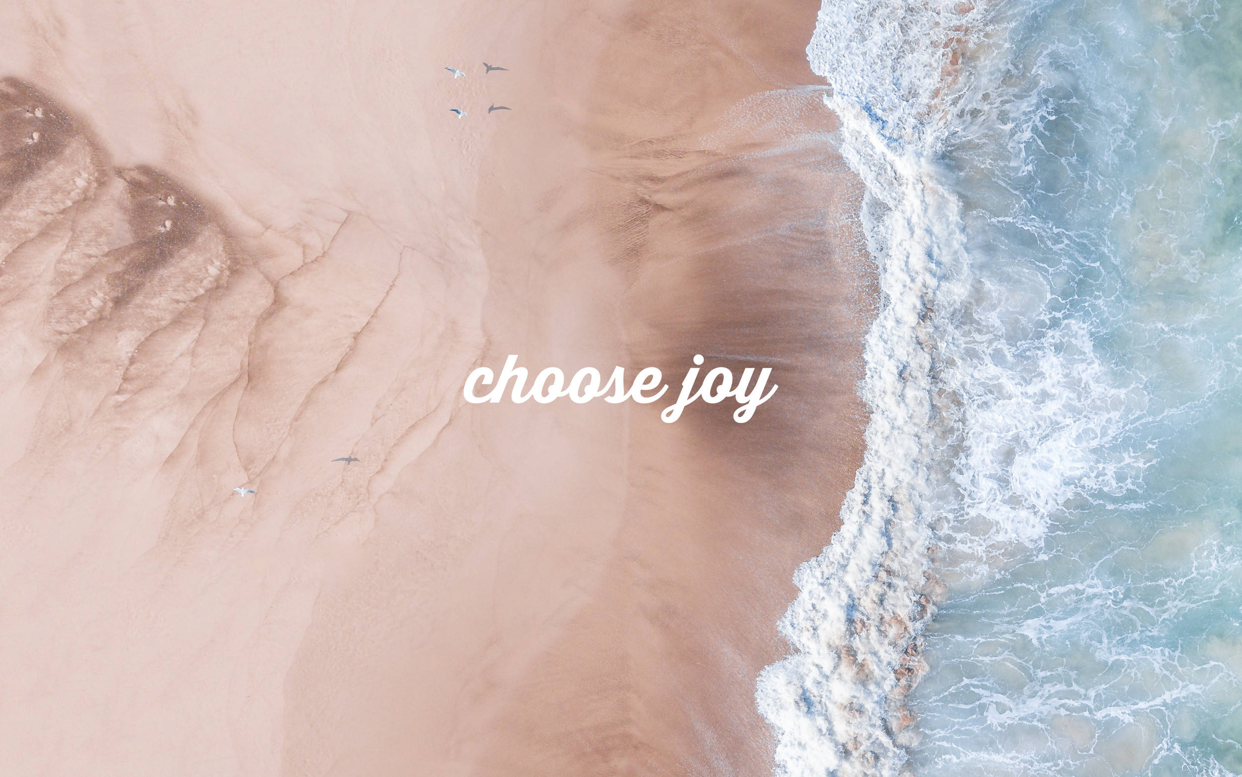 Joy 桌布 壁紙 — 粉紅色沙灘與碧綠海浪交匯的鳥瞰圖，鳥兒在頭頂飛翔，白色文字寫著選擇喜悅。
