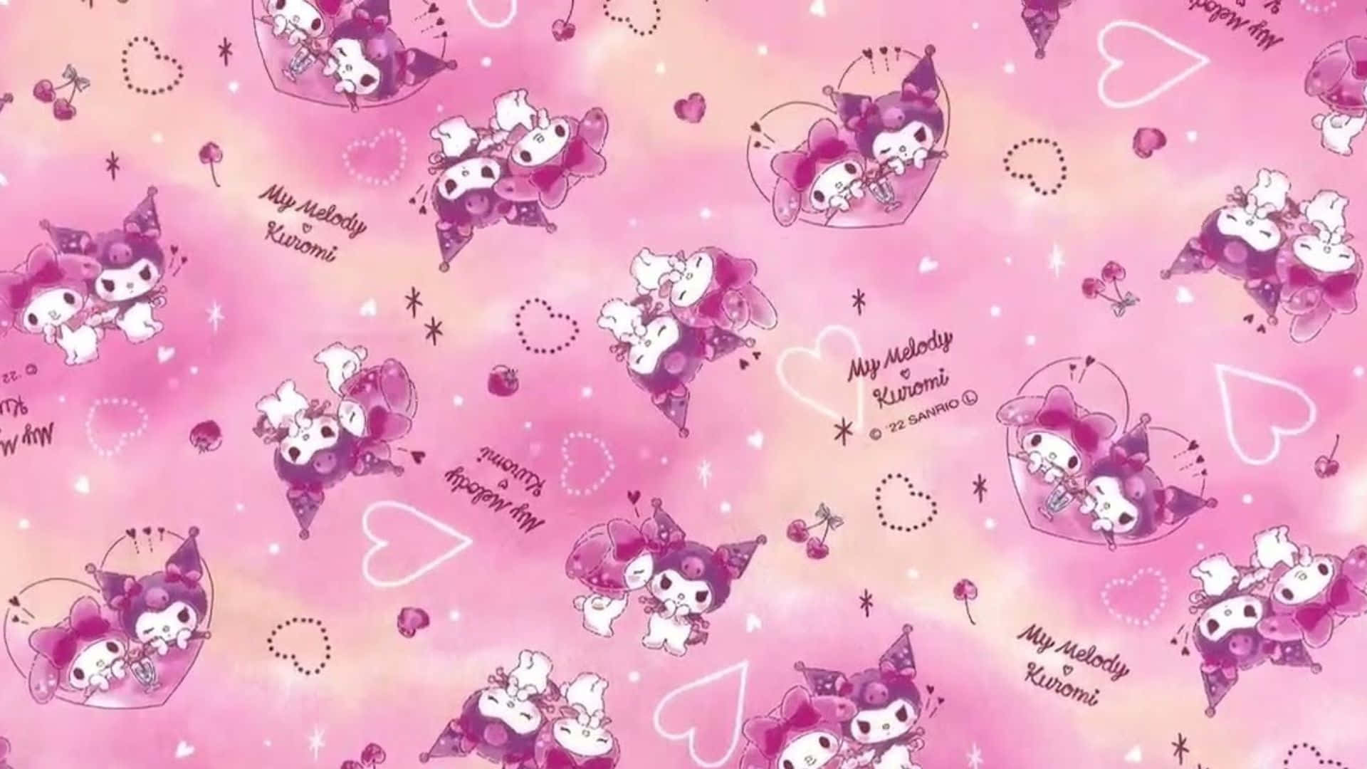 Kuromi And My Melody 桌布 壁紙 — 粉紅色漸層壁紙，重複出現可愛的My Melody角色，置於心形框架中，搭配櫻花和閃爍效果。