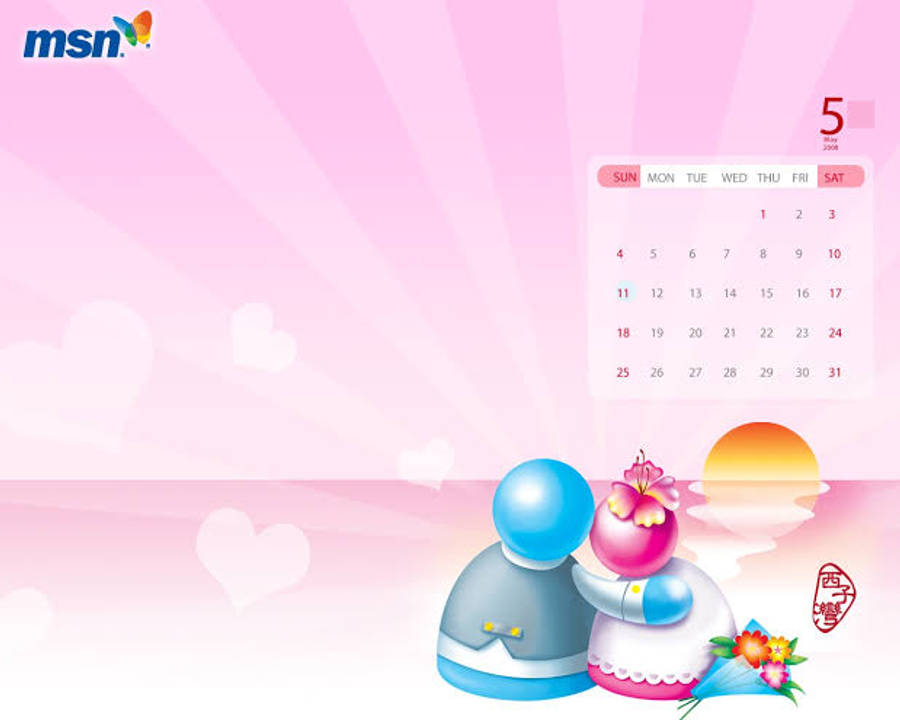 msn 桌布 壁紙 — 粉紅色漸層桌布，卡通情侶手持鮮花和顯示2008年5月的日曆，背景是太陽光線和漂浮的心形。