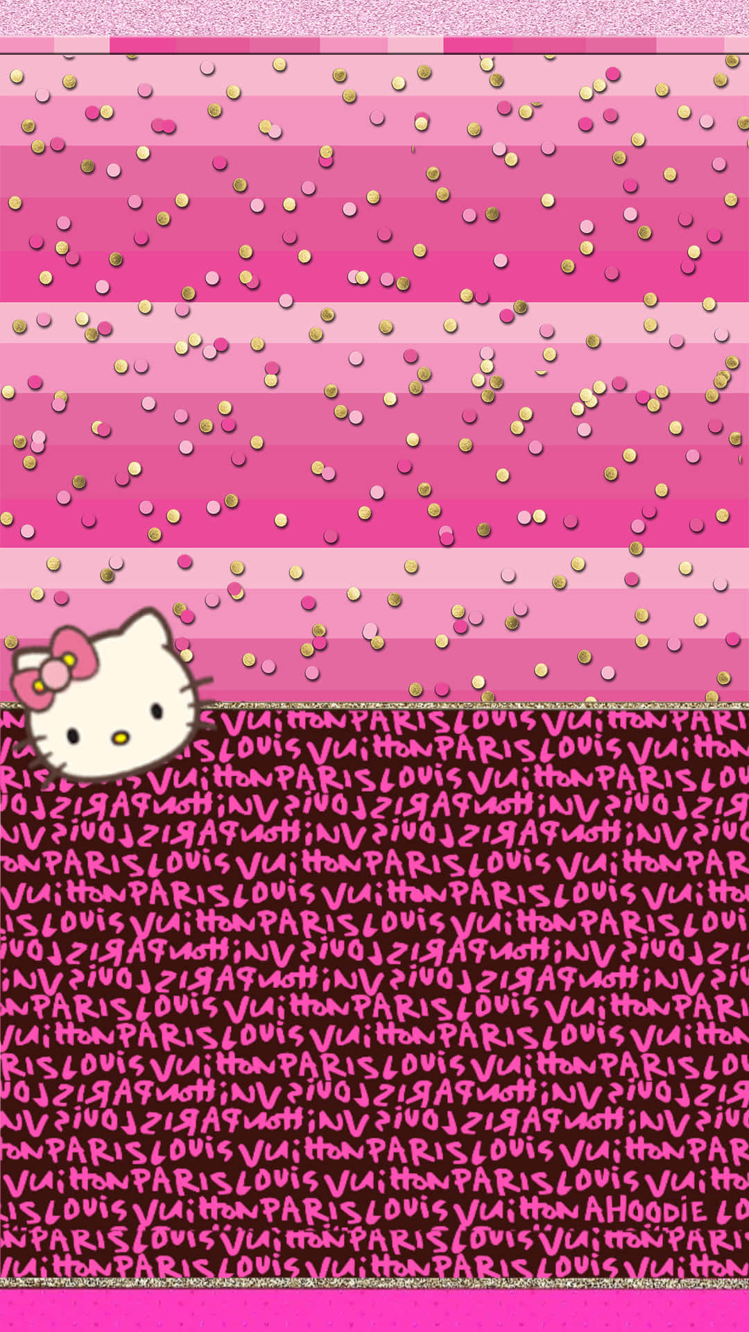 桌布 壁紙 — 粉紅色漸層桌布，帶有金色紙屑和Hello Kitty標誌，重複的Louis Vuitton文字。