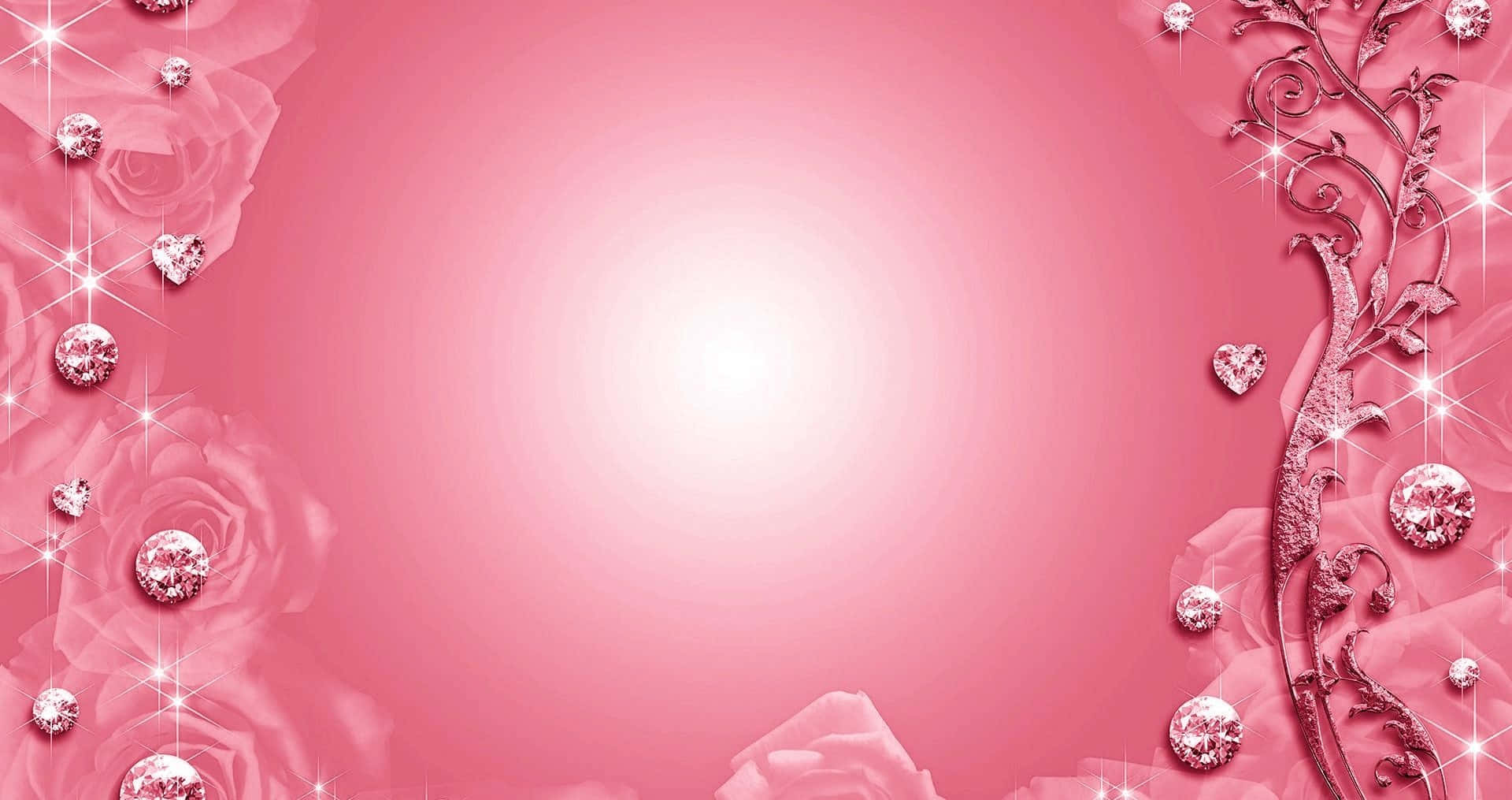 Pink Crystal Quartz 桌布 壁紙 — 粉紅色漸層背景，以閃爍的玫瑰和華麗的藤蔓鑲邊，並綴有閃亮的鑽石點綴。