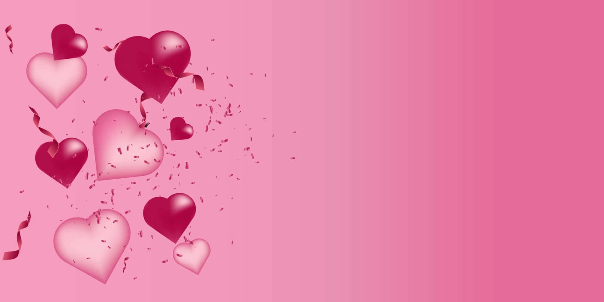 Pink Love 桌布 壁紙 — 粉紅色漸層背景，帶有漂浮的光澤心形氣球和散落的五彩紙屑。