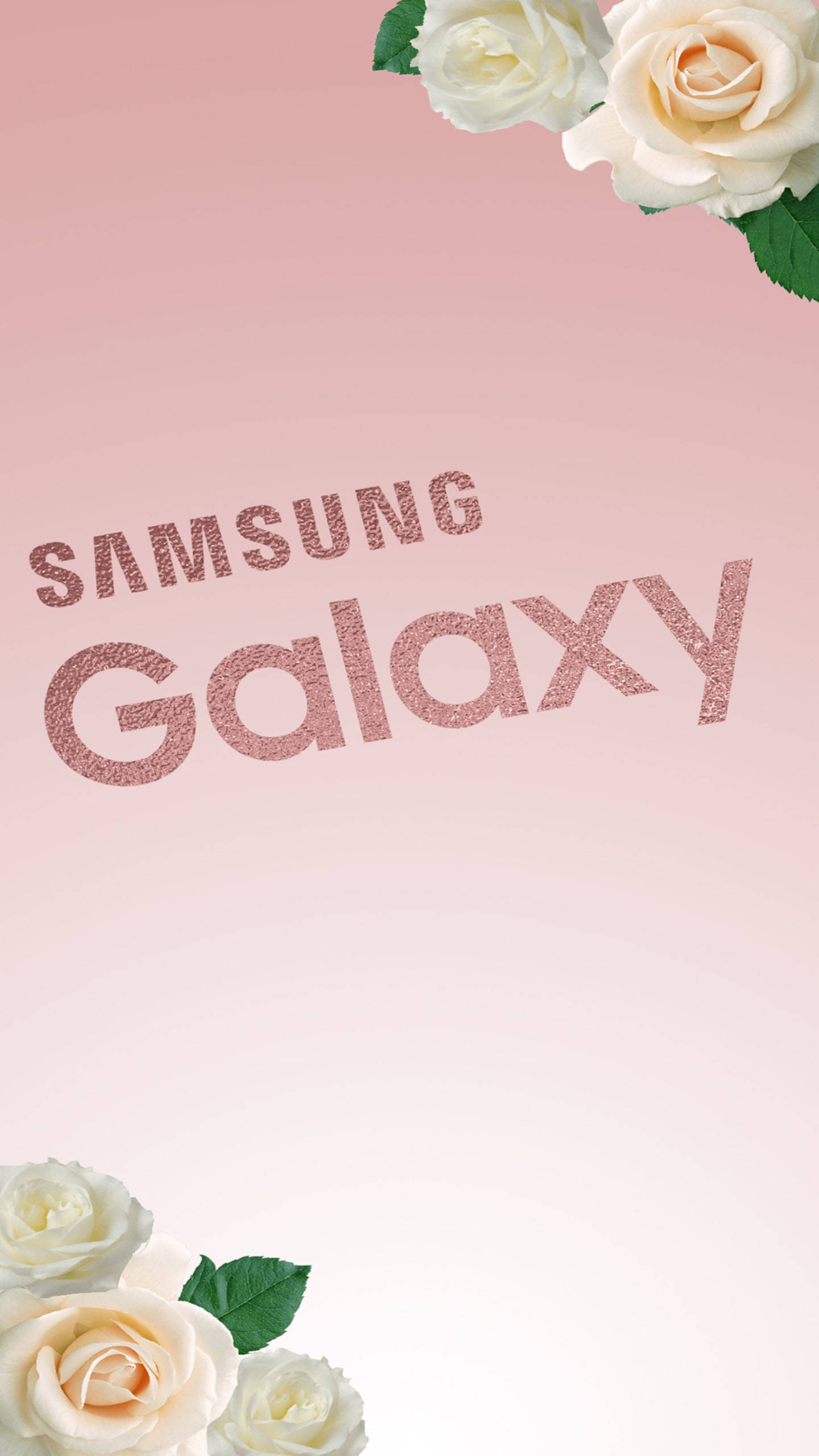 玫瑰金 桌布 壁紙 — 粉紅色漸變桌布，帶有閃爍的Samsung Galaxy文字，右上角和左下角以白玫瑰框住。