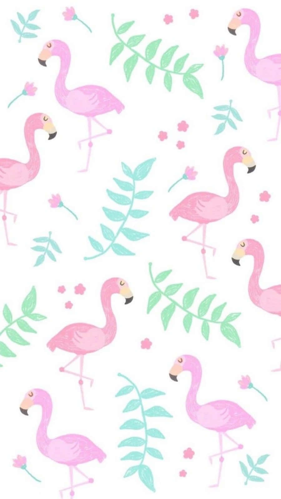 粉紅色火鶴和綠色葉子在白色背景上形成重複圖案。 — 少女風 GIF 壁紙