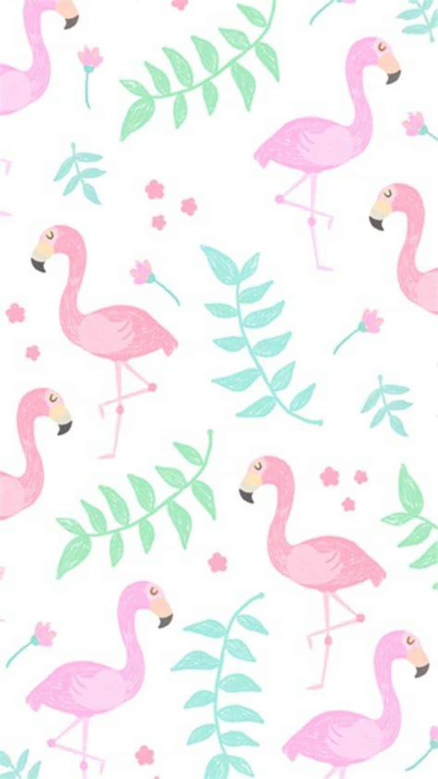 Pink Flamingos 桌布 壁紙 — 粉紅色火鶴和綠色葉子散落在白色背景上，形成有趣的重复圖案。