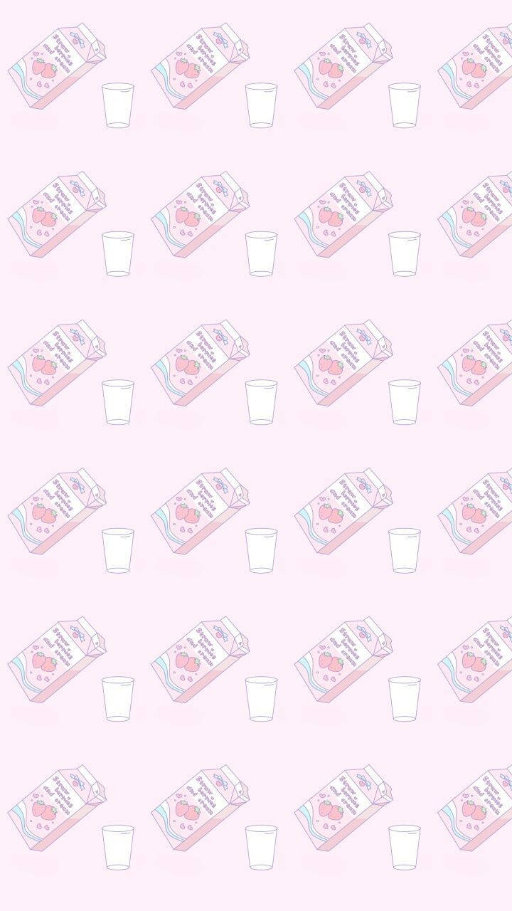Strawberry Milk 桌布 壁紙 — 粉紅色牛奶盒和白色玻璃杯在柔和粉彩粉紅色背景上的重複圖案。