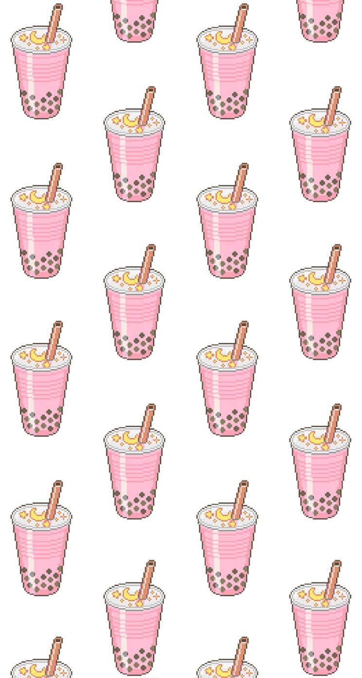 Boba 桌布 壁紙 — 粉紅色珍珠奶茶杯重複圖案，配有棕色吸管和木薯珍珠，背景為白色。