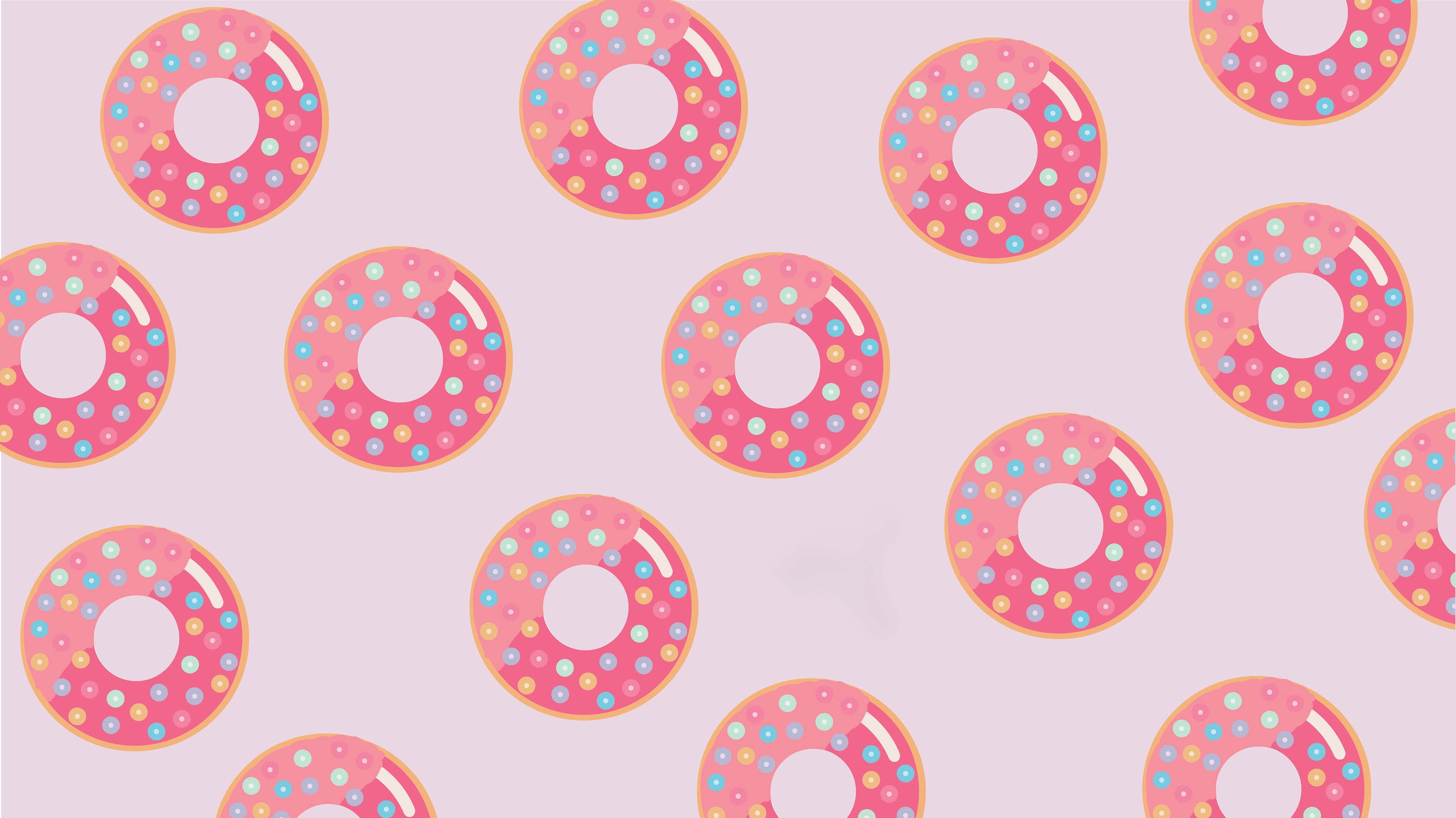 Cute Donut 桌布 壁紙 — 粉紅色甜甜圈搭配彩色糖針，在柔和的薰衣草背景上重複成一個歡快的圖案。