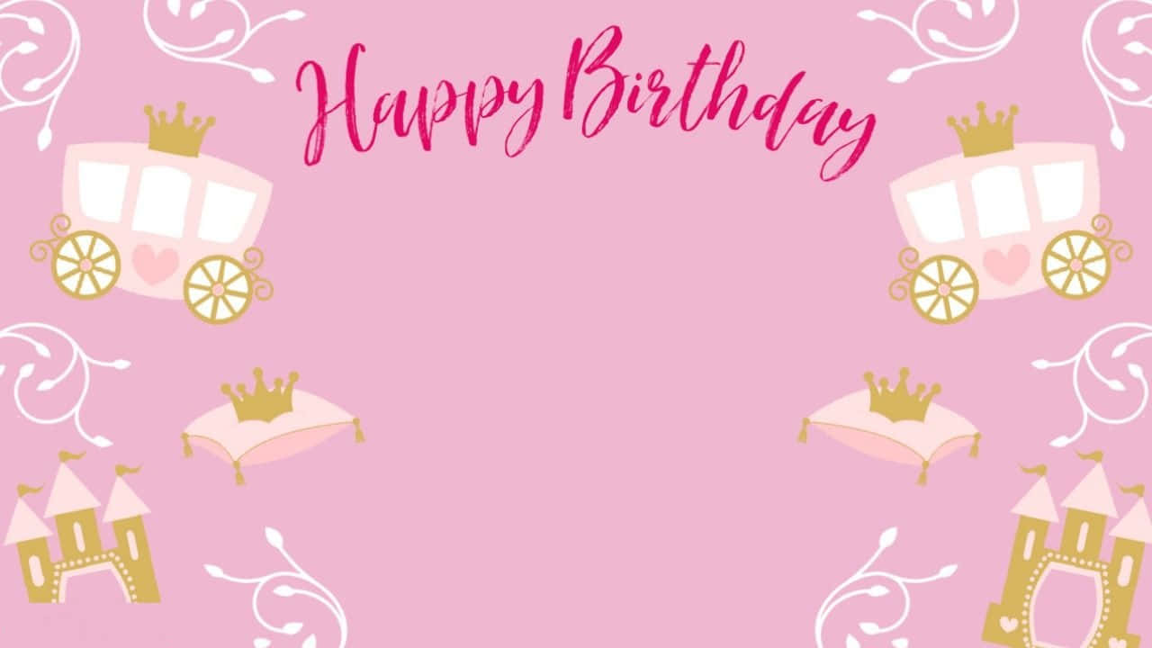 Pink Birthday 桌布 壁紙 — 粉紅色生日桌布，卡通公主馬車、城堡和漩渦圍繞著「Happy Birthday」文字。