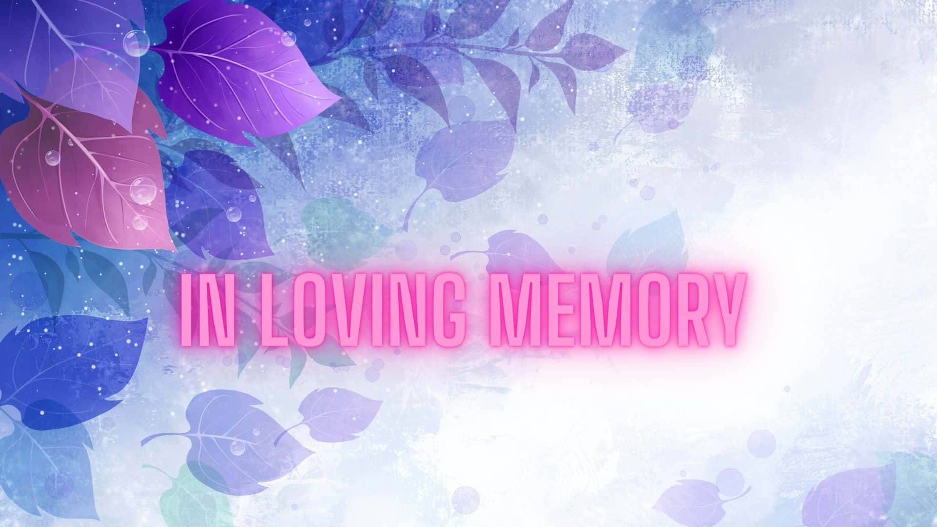 粉紅色發光文字「IN LOVING MEMORY」在藍色和紫色葉子背景上，帶有露珠。 — 字型 GIF 壁紙
