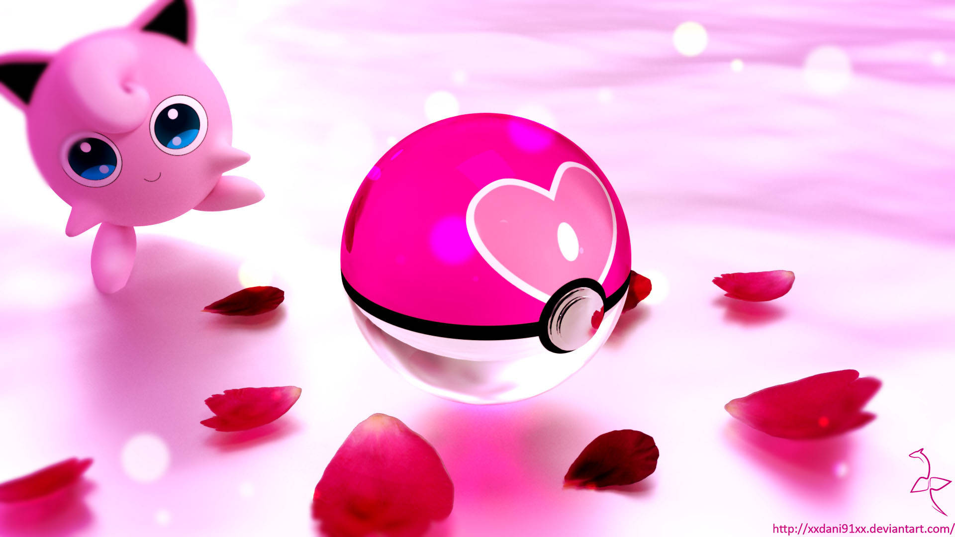 Jigglypuff 桌布 壁紙 — 粉紅色的Jigglypuff漂浮在一個飾有心形的寶可夢球旁邊，周圍環繞著玫瑰花瓣，背景是柔和的粉紅色。