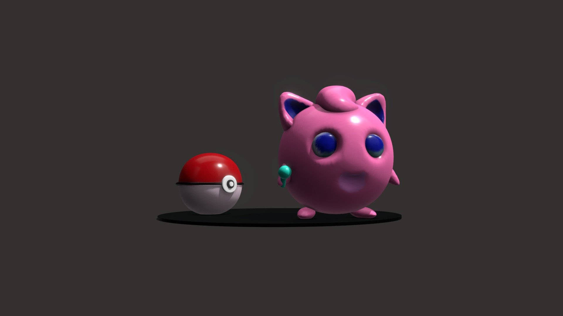 Jigglypuff 桌布 壁紙 — 粉紅色的Jigglypuff站在一個紅色和白色的Poké Ball旁邊，在一個深色平台上，背景是柔和的灰色。