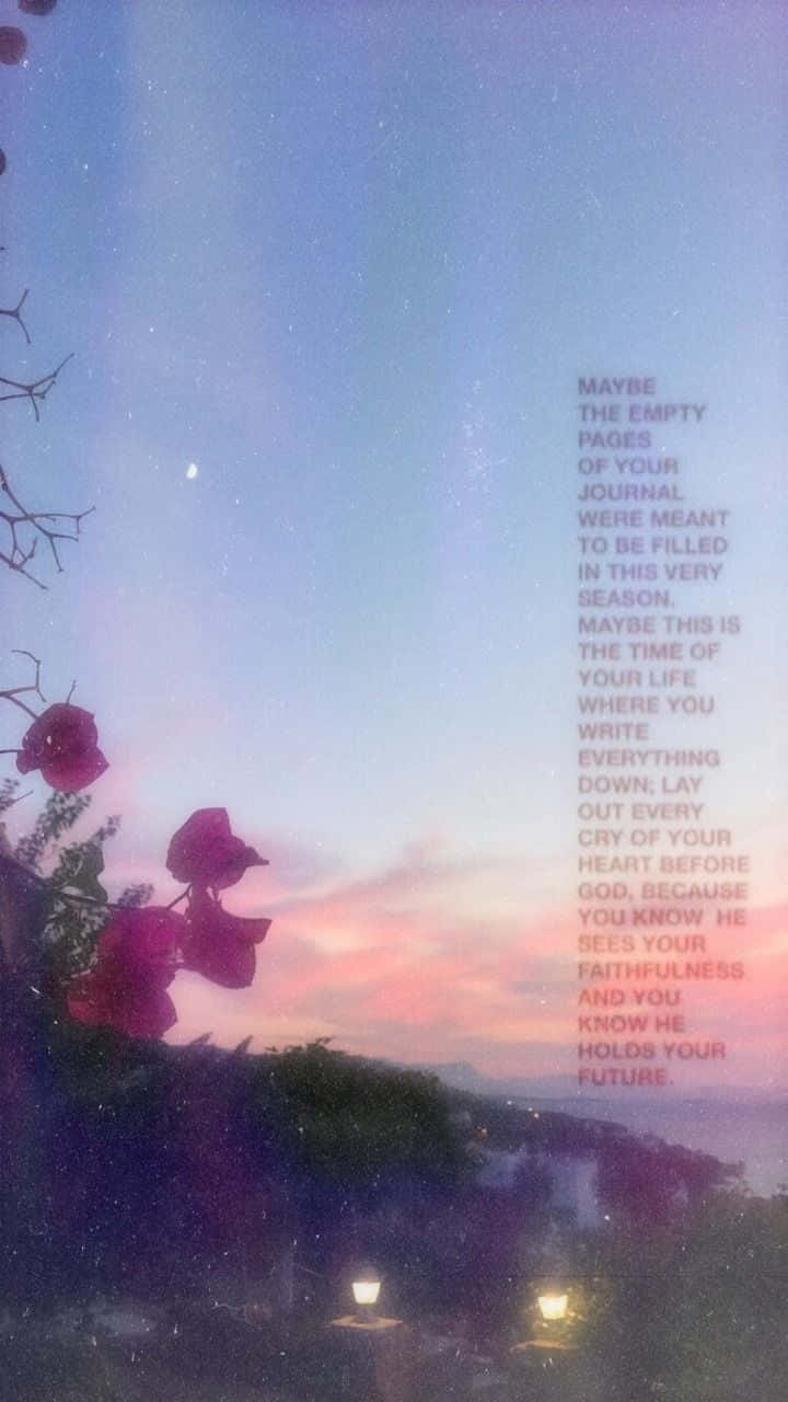 Lo Fi Aesthetic 桌布 壁紙 — 粉紅色的三角梅花朵框住了暮色天空，一首詩在繁星點點的地平線上柔和地發光。