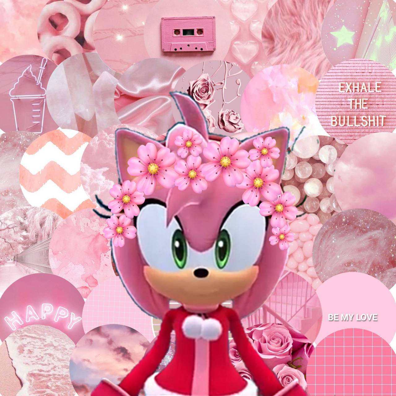 艾咪·羅斯 桌布 壁紙 — 粉紅色的刺蝟艾咪·羅斯（Amy Rose）飾以櫻花，站在由心形、玫瑰和復古卡式帶組成的夢幻粉彩拼貼畫中央。