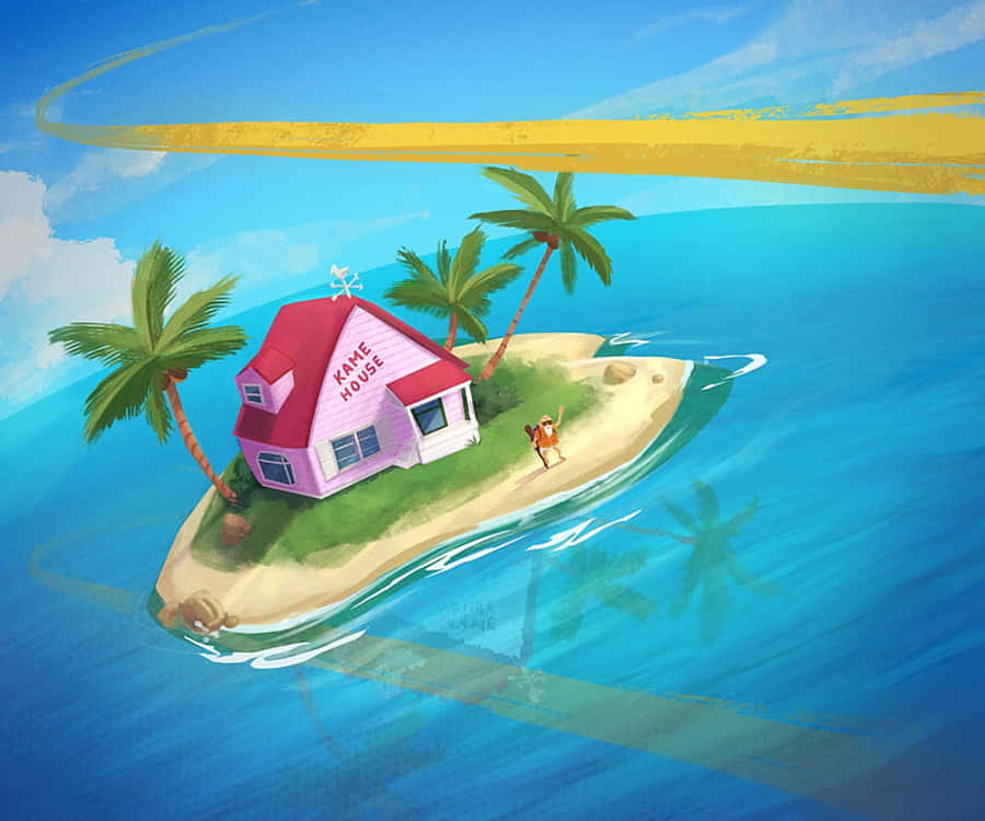 Kame House 桌布 壁紙 — 粉紅色的卡美屋坐落於熱帶島嶼上，有棕櫚樹和一個孤獨的身影在碧綠海水旁行走，天空湛藍。
