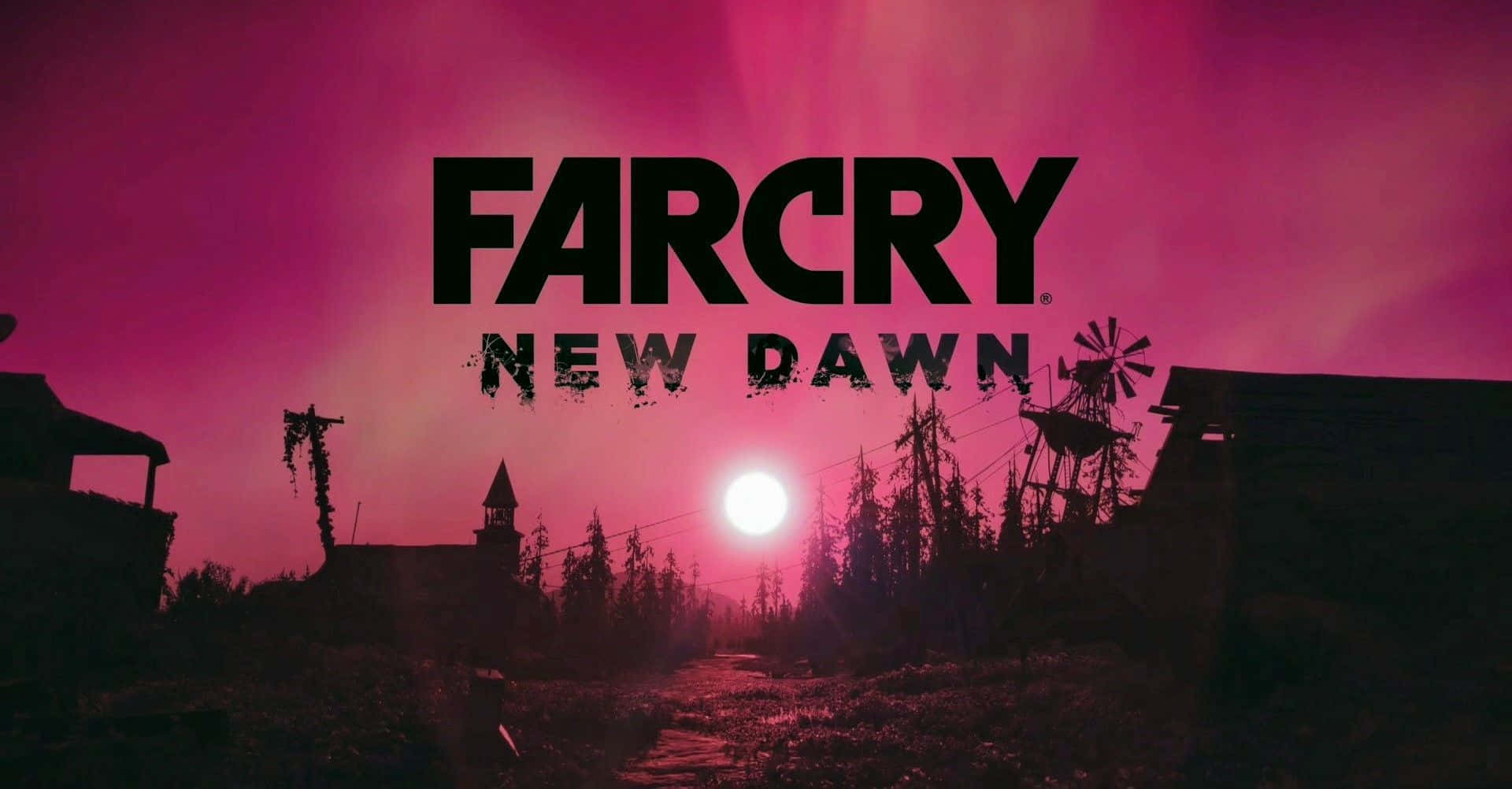 Best Far Cry New Dawn 桌布 壁紙 — 粉紅色的日落，在 Far Cry New Dawn 標誌下，為一個有剪影建築物和風車的廢墟鄉村景觀帶來超現實的光芒。