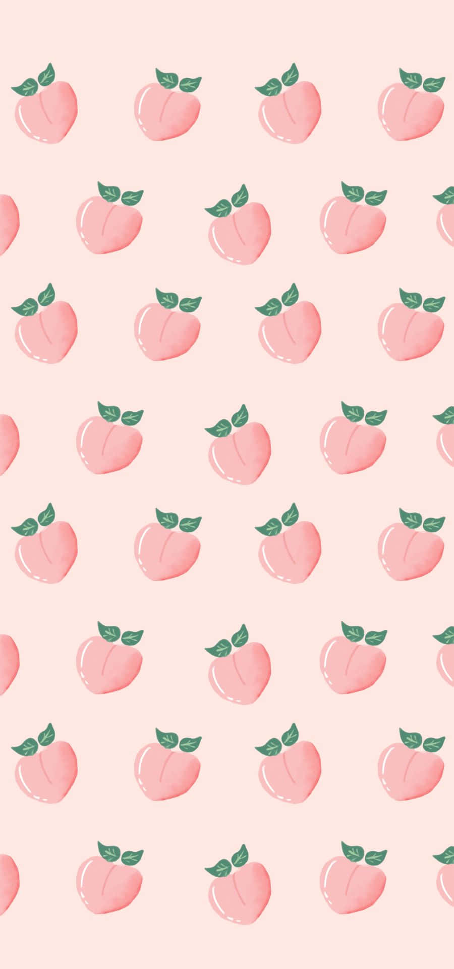Peach Color 桌布 壁紙 — 粉紅色的桃子果實和綠色葉子在淺粉紅色背景上以柔和粉彩圖案重複。