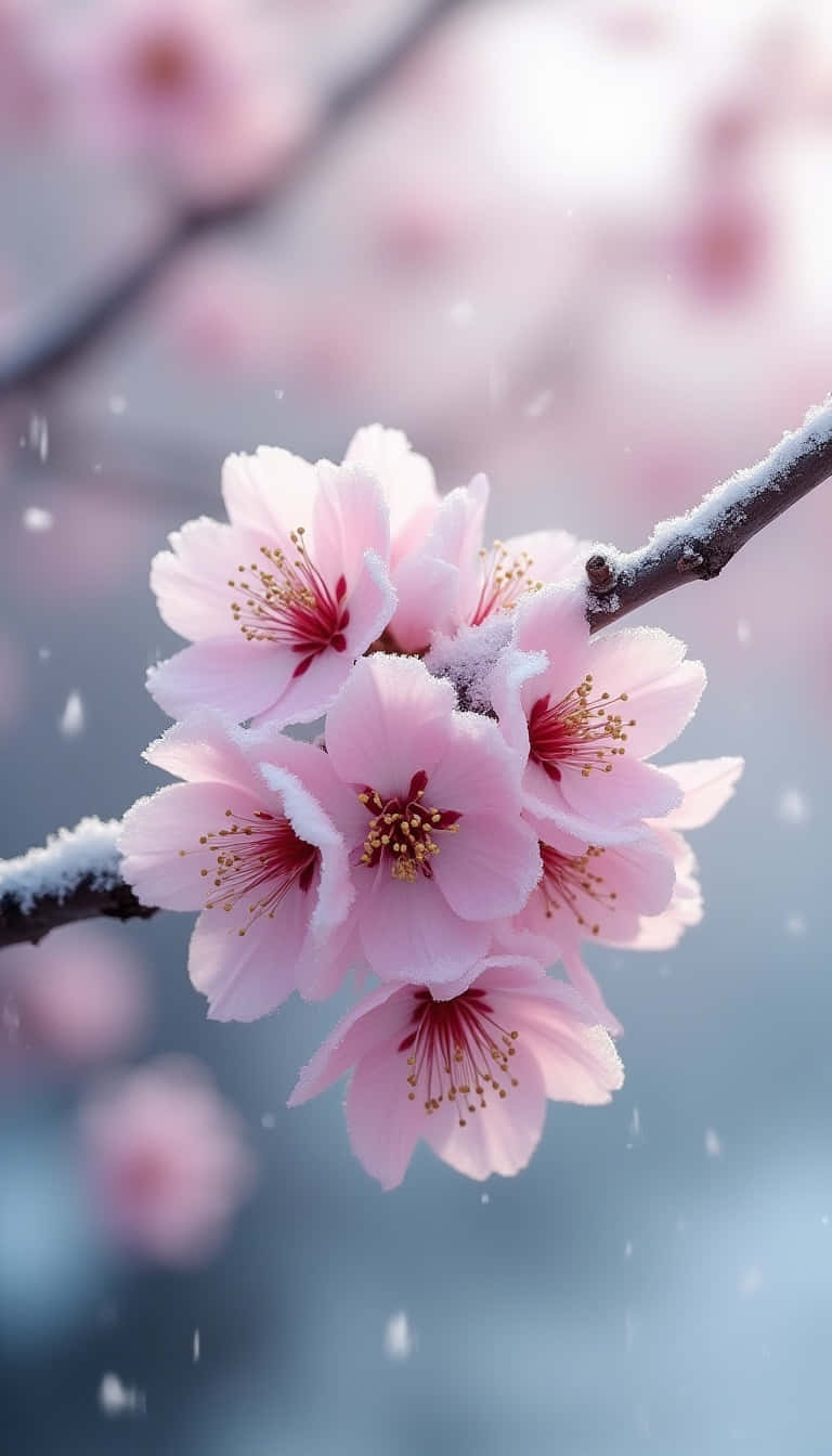 Flower 壁紙 — 粉紅色的櫻花上灑滿了雪花，在柔和的模糊冬季背景中綻放於枝頭。