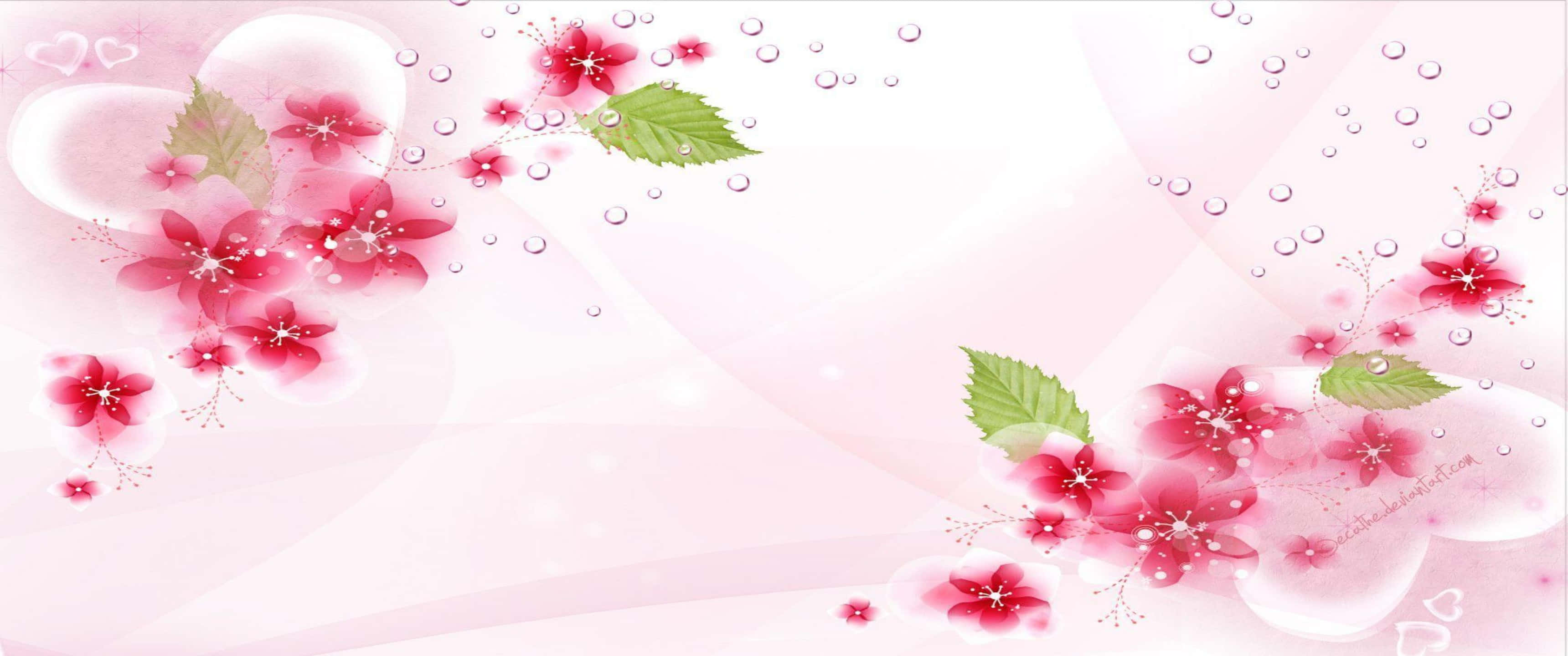 3440x1440p Roses 桌布 壁紙 — 粉紅色的櫻花伴隨著綠葉和露珠，優雅地漂浮在柔和的漸變背景上。
