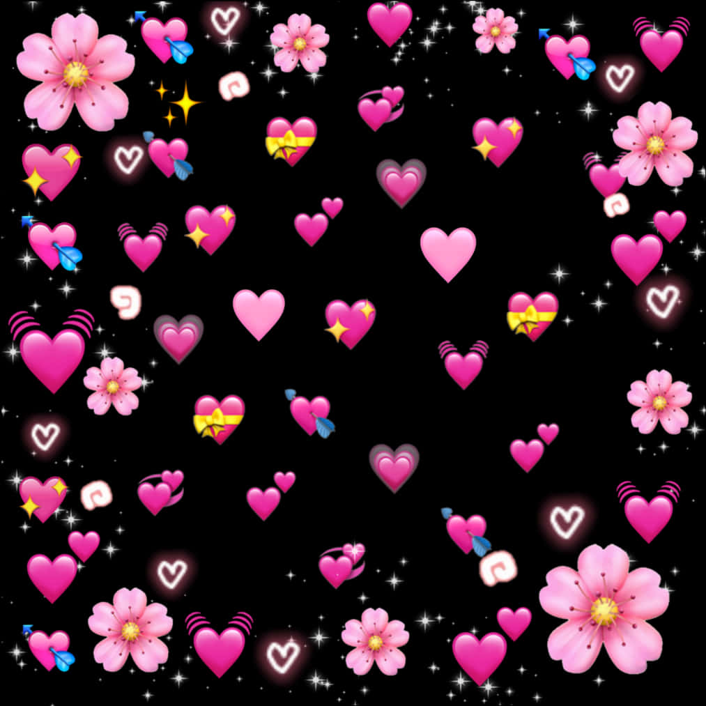 Heart Pattern 桌布 壁紙 — 粉紅色的櫻花和心形在黑色背景上閃爍的星星之間漂浮。