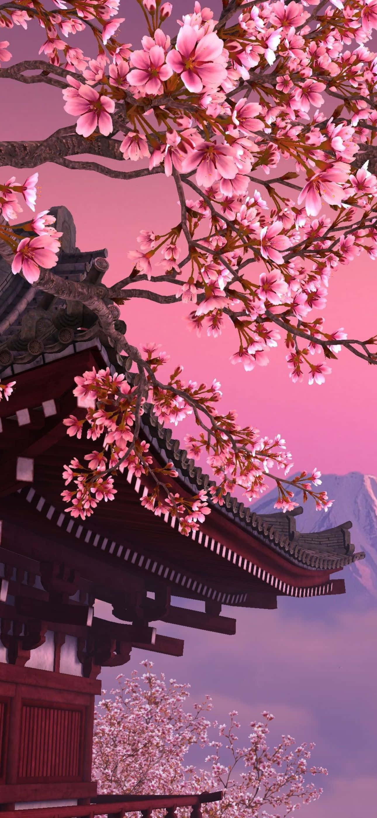1290x2796 桌布 壁紙 — 粉紅色的櫻花在傳統日本寺廟屋頂上傾瀉而下，映襯著柔和的粉紅色暮色天空。
