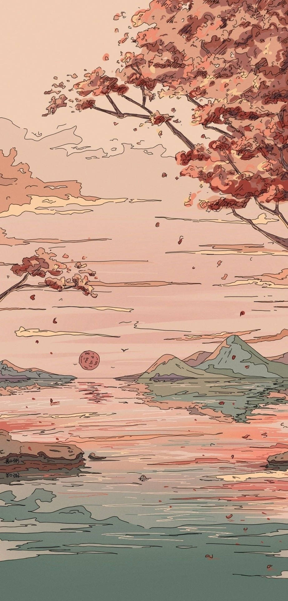 櫻花在日落時分飄落在湖面上，伴隨著山脈和一個發光的球體。 — 柔和美學 GIF 壁紙