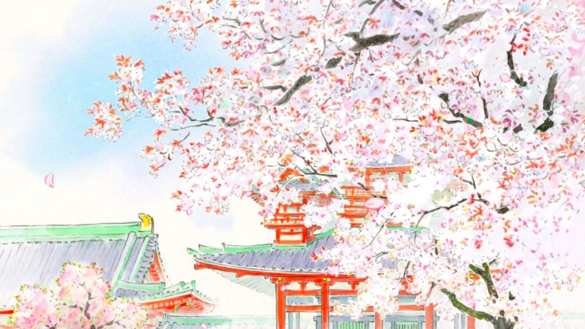 The Tale Of The Princess Kaguya 桌布 壁紙 — 粉紅色的櫻花在柔和的藍天下，如瀑布般覆蓋著傳統的紅色和綠色日本神社建築。
