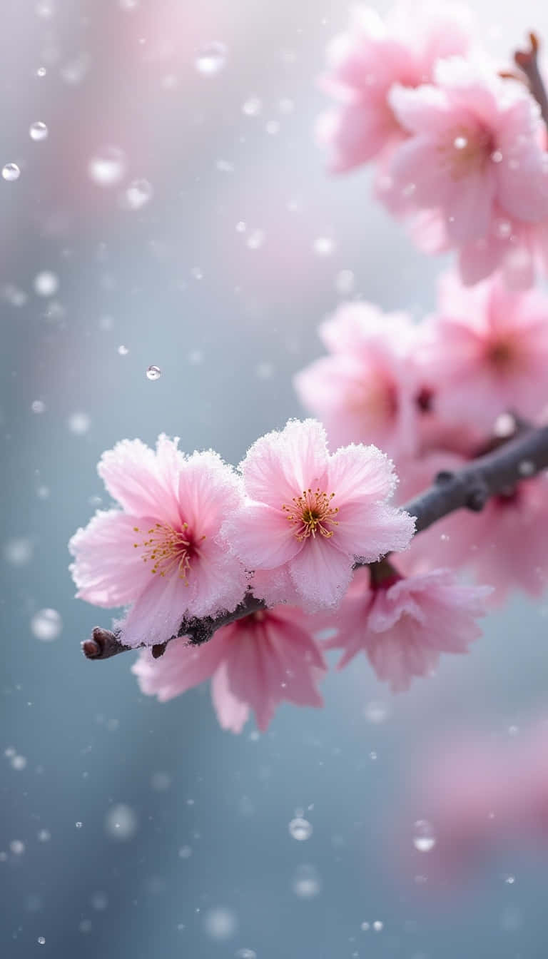 Flower 壁紙 — 粉紅色的櫻花在樹枝上 delicately 綻放，背景是柔和的藍色，並有漂浮的水滴。