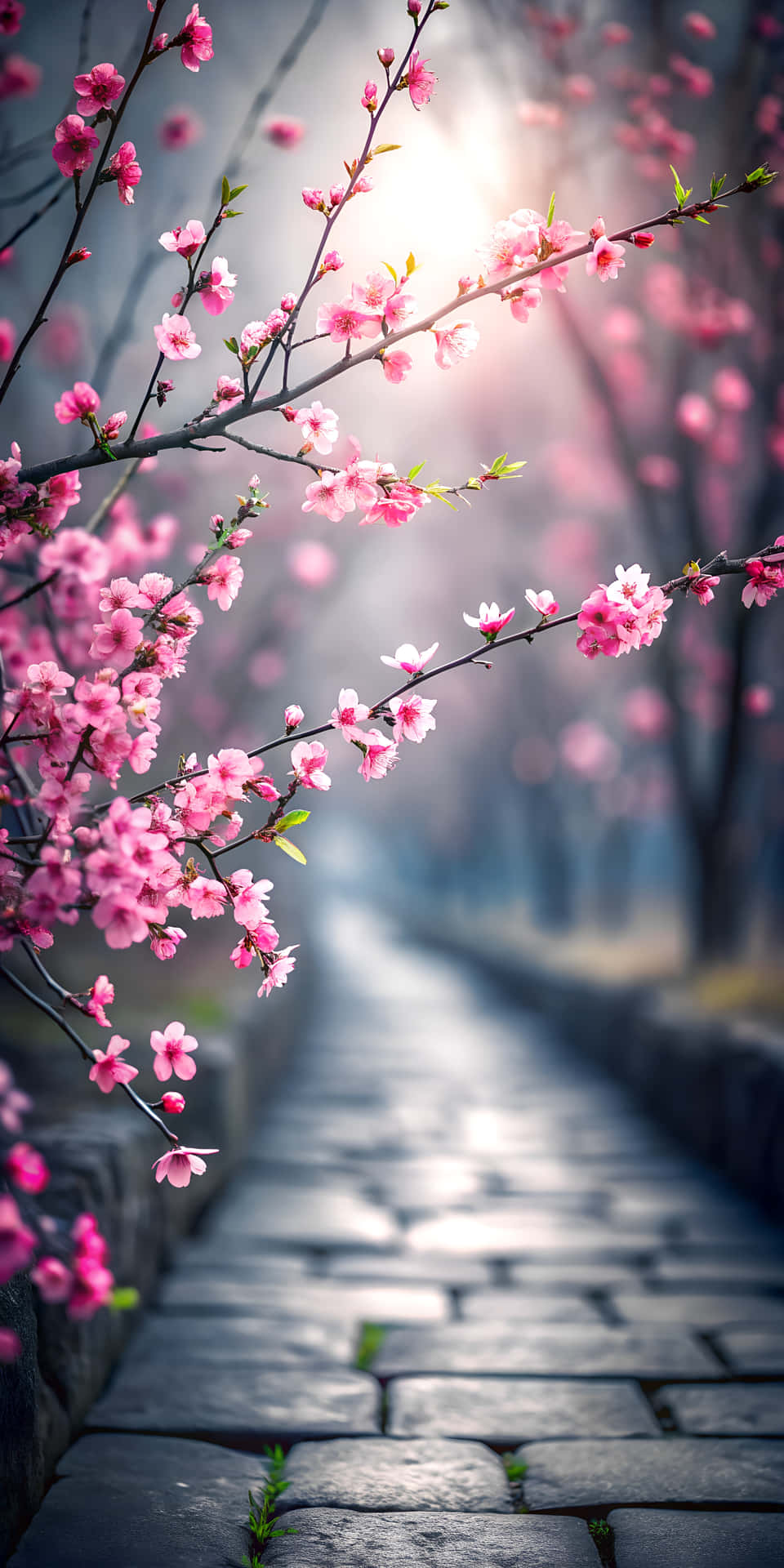 Elegant Shining Pink Branch Over Blurred Dark Gray Pathway in Spring 壁紙 — 粉紅色的櫻花在樹枝上盛開，框住一條陽光普照、蜿蜒穿過迷霧花園的石徑。