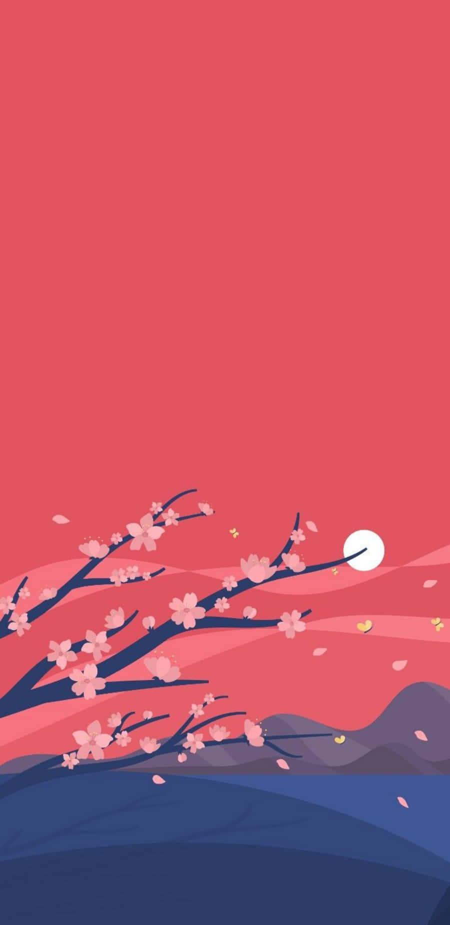 藝術 桌布 壁紙 — 粉紅色的櫻花在深色樹枝上盛開，背景是漸層粉紅色的天空，有白色的月亮和遠處的紫色山脈。