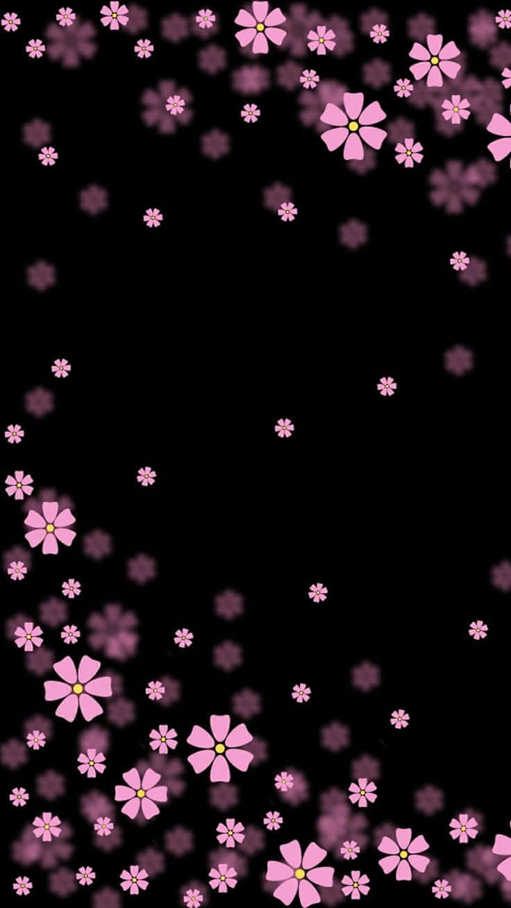 Flowers Aesthetic 桌布 壁紙 — 粉紅色的櫻花在深黑色背景上輕輕飄浮，呈現柔和的數位插圖。