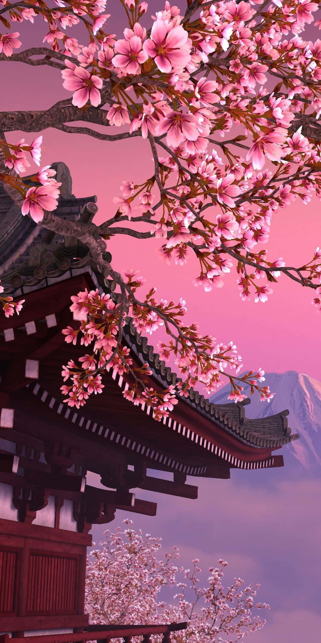 Anime Cherry Blossom 桌布 壁紙 — 粉紅色的櫻花如瀑布般垂落在傳統日本寺廟的屋頂上，背景是柔和的粉紅色暮色天空和遠處的雪山。