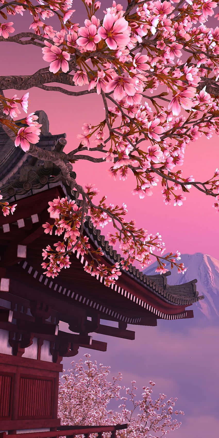 Cherry Blossoms Anime Scenery 桌布 壁紙 — 粉紅色的櫻花如瀑布般灑落在傳統木造寺廟屋頂上，背景是柔和的粉紅色暮色天空和遠處的雪山。