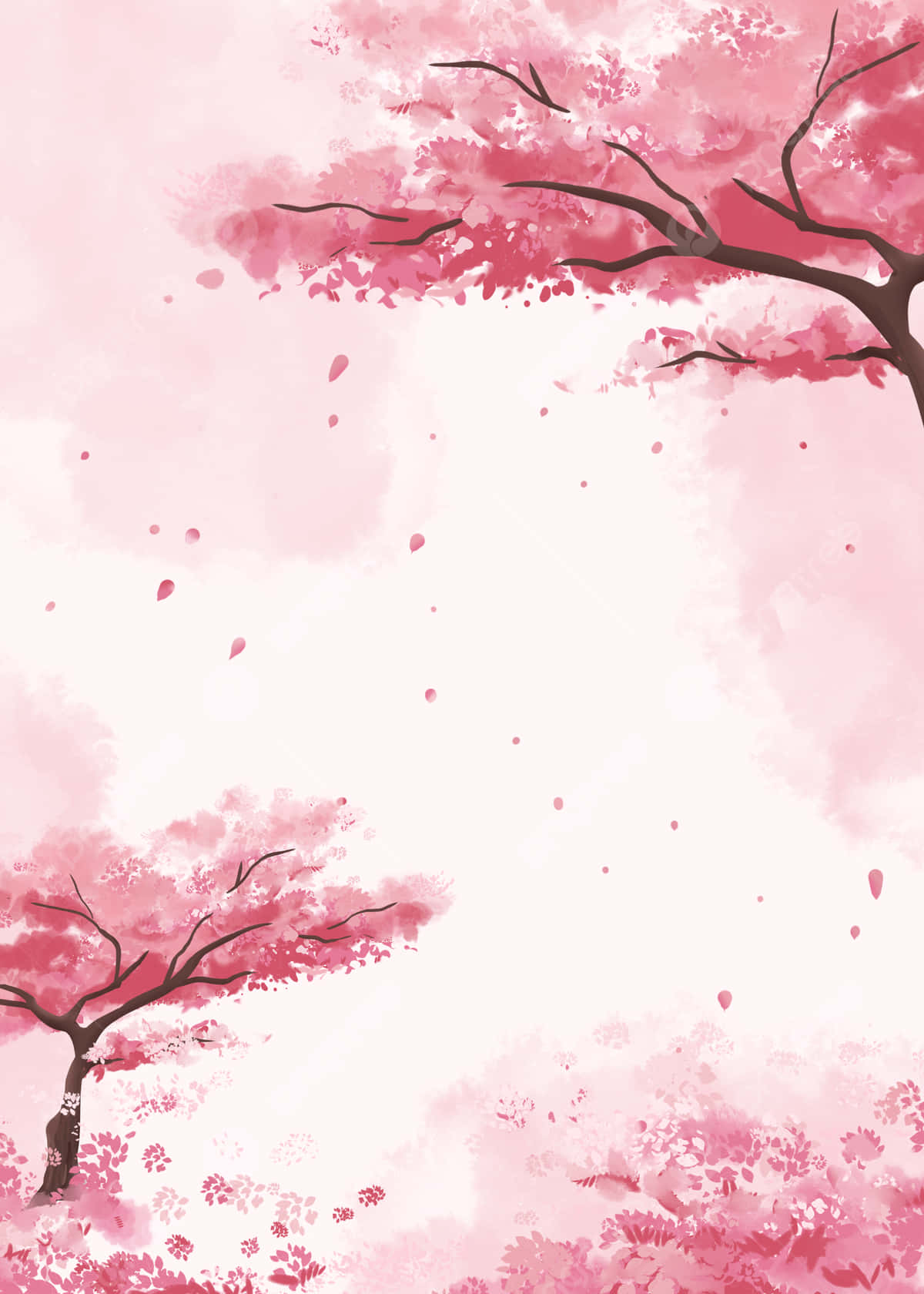 Pink Watercolor 桌布 壁紙 — 粉紅色的櫻花從光禿的樹枝上輕輕飄落，映襯著柔和粉彩的天空，以水彩插畫呈現。