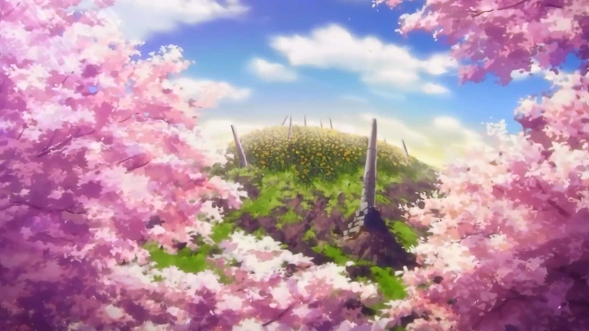 Anime Flower 桌布 壁紙 — 粉紅色的櫻花框住一個陽光明媚的山丘，上面有黃色花朵和古老石柱，背景是明亮的藍天。
