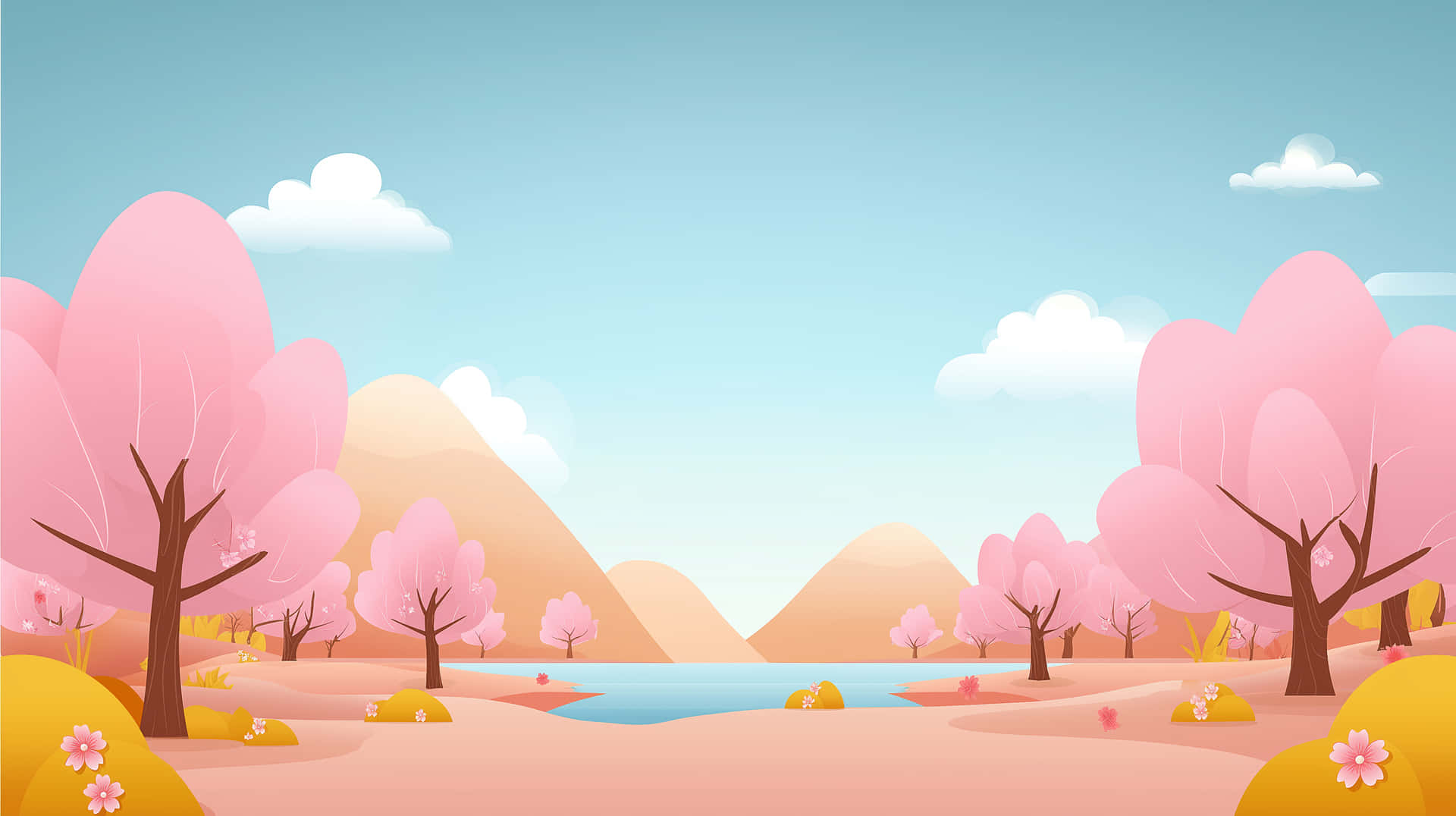 Idyllic Watercolor Landscape with Pink Blossom Trees 壁紙 — 粉紅色的櫻花樹排列在平靜的藍色湖邊，天空柔和藍色，有蓬鬆的白雲。