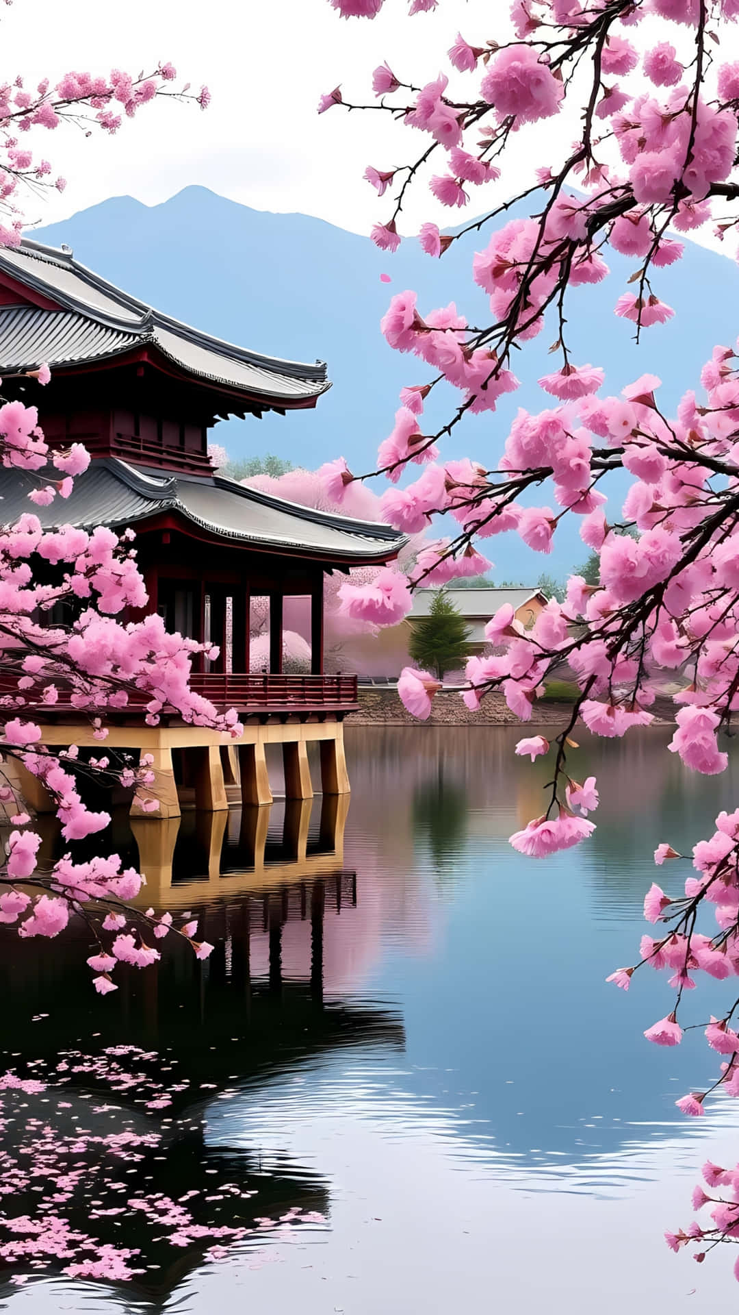 Japanese Temple with Cherry Blossoms and Lake 壁紙 — 粉紅色的櫻花環繞著傳統木亭，亭子位於平靜的湖面上，遠處有山巒，天空柔和。