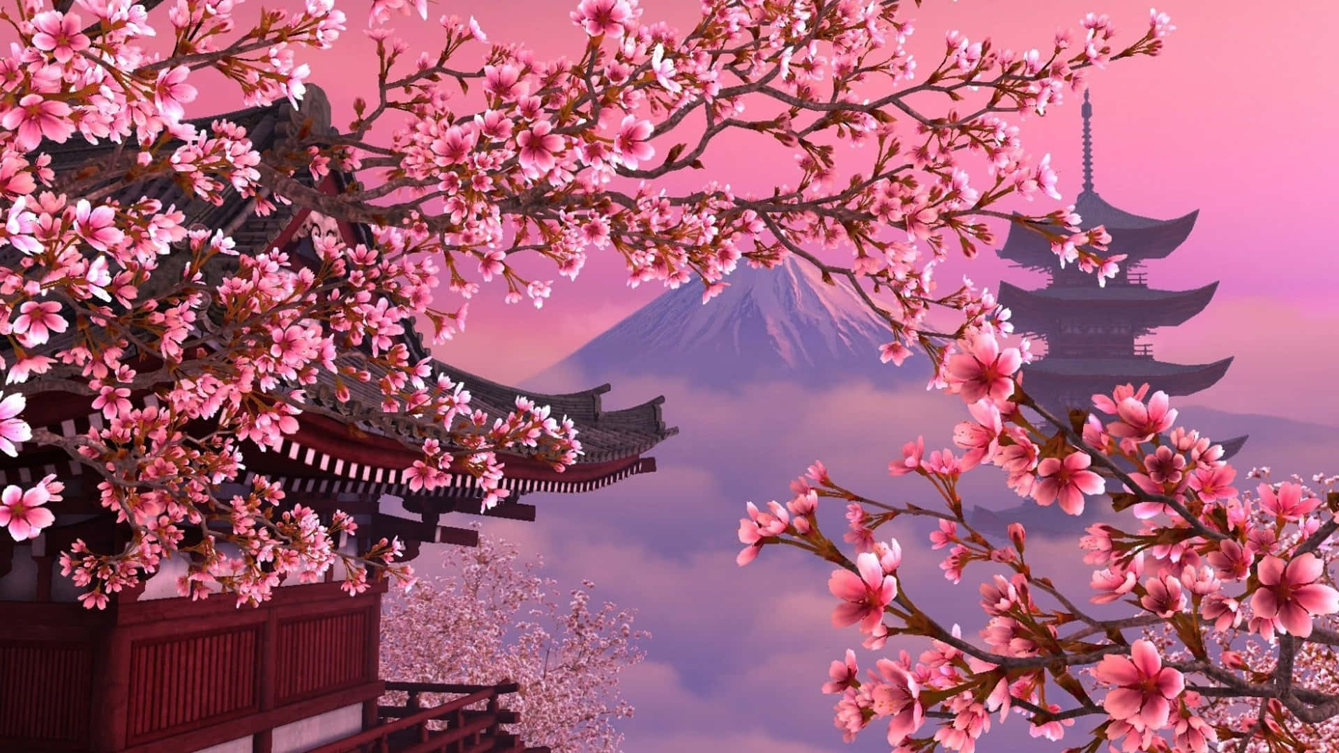 Pink Cherry Blossom 桌布 壁紙 — 粉紅色的櫻花環繞著傳統的日本寺廟，背景是霧氣朦朧的富士山，正值日落時分。