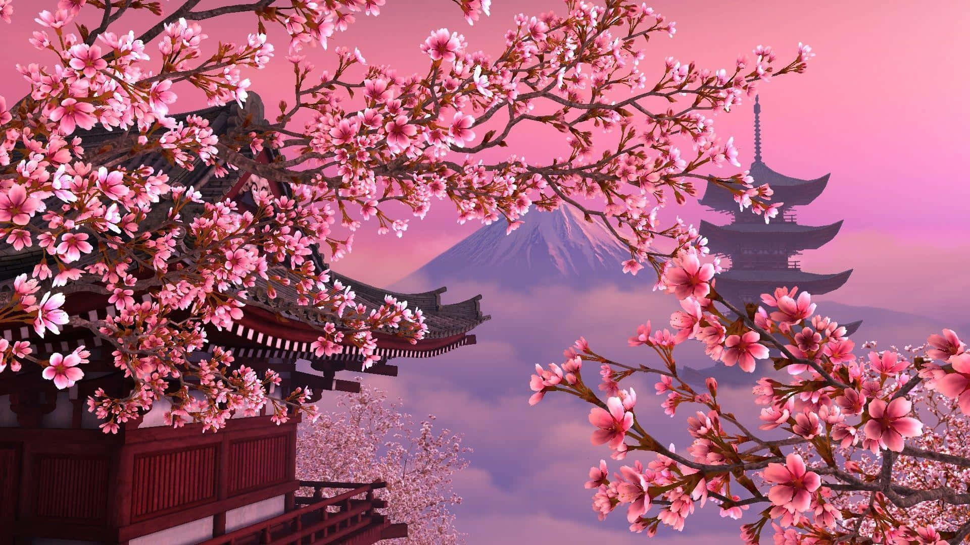 桌布 壁紙 — 粉紅色的櫻花環繞著傳統的日本寺廟，背景中霧氣繚繞的富士山在柔和的粉紅色天空下。