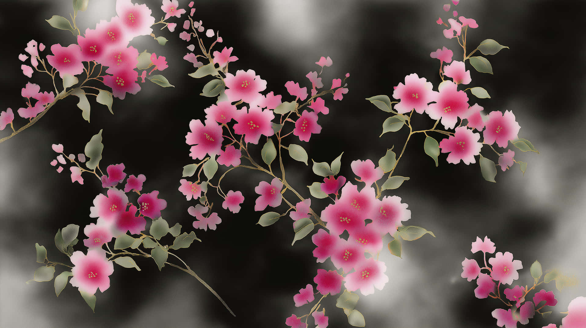 Scattered Blossoms on Abstract Textured Ground 壁紙 — 粉紅色的櫻花與綠葉在柔和的灰色煙霧背景下優雅地綻放。