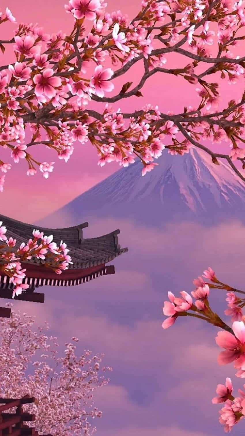 Cherry Blossom Tree Anime 桌布 壁紙 — 粉紅色的櫻花襯托著傳統屋頂，背景是柔和的紫色天空，遠處可見積雪的富士山。