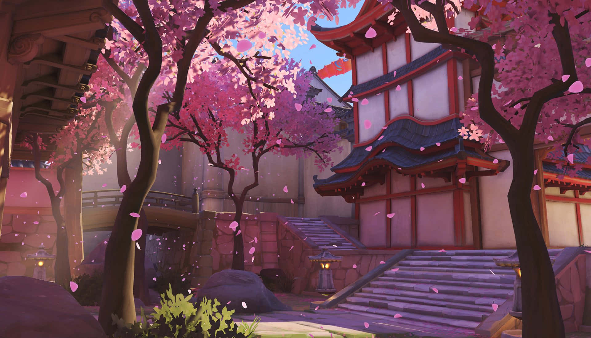 HD Overwatch 桌布 壁紙 — 粉紅色的櫻花飄過一個寧靜的日本寺廟庭院，擁有傳統建築和石階。