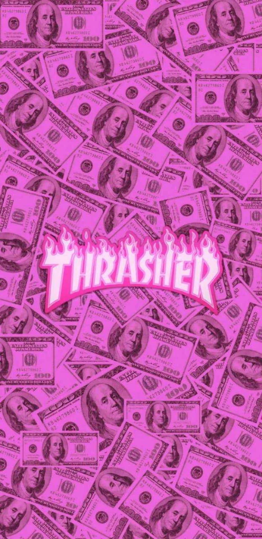 Thrasher 桌布 壁紙 — 粉紅色的百元美鈔覆蓋了螢幕，中央有一個火焰Thrasher標誌。
