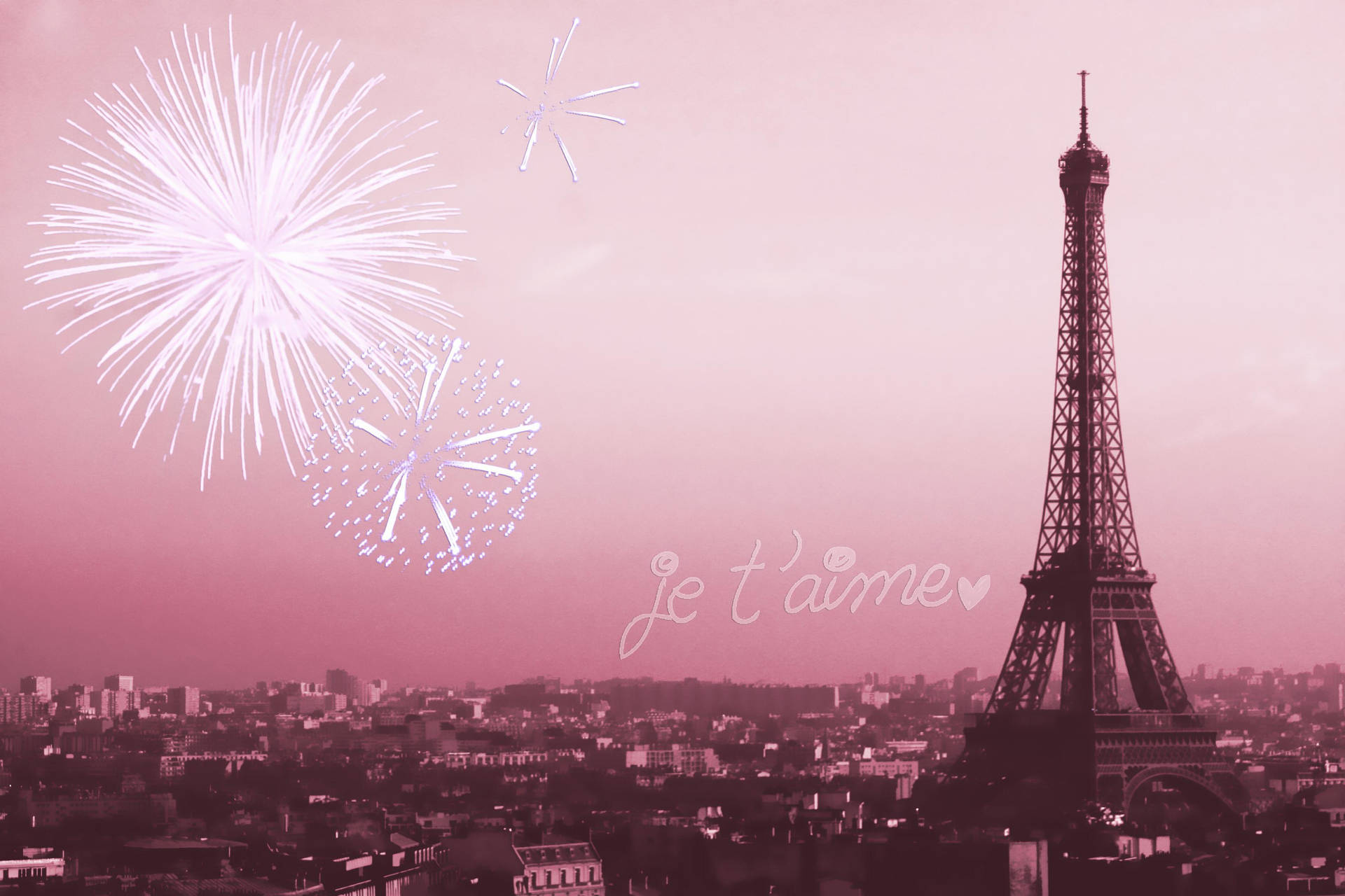 艾菲爾鐵塔在粉紅暮色中綻放煙火並帶有「je t'aime」文字。 — 巴黎 GIF 壁紙