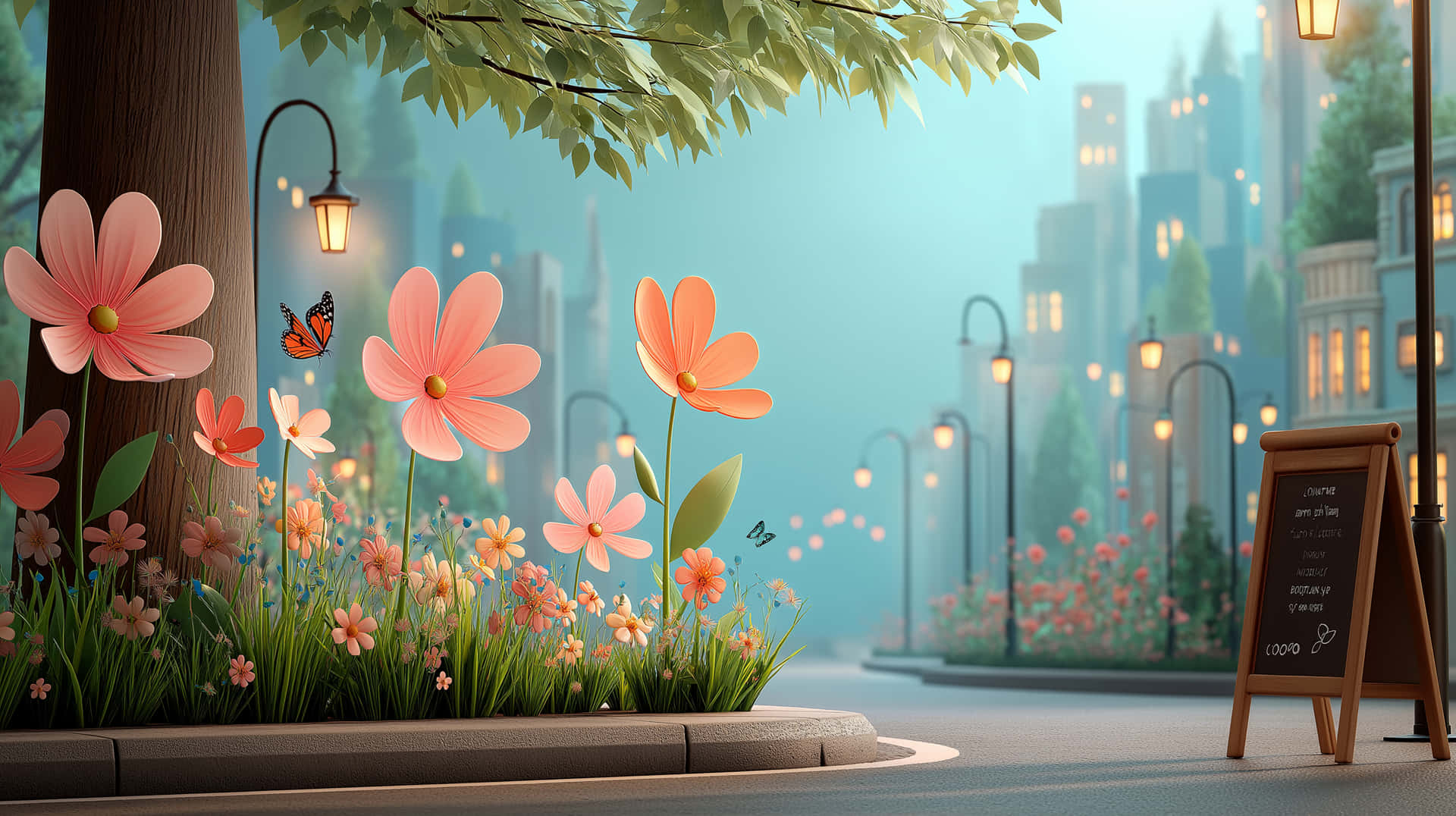 Quaint City Street with Oversized Flowers and Cafe 壁紙 — 粉紅色的花朵和蝴蝶在城市的行人道上盛開，旁邊有一棵樹，背景有發光的街燈和黑板標誌。