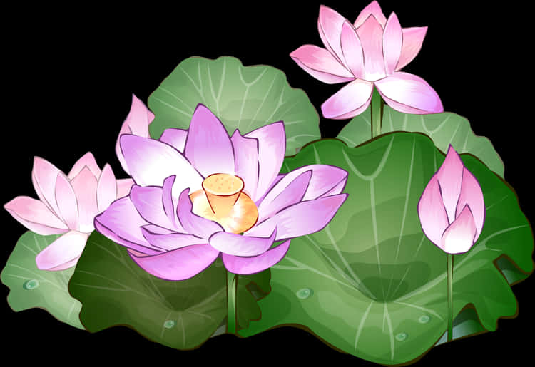 lotus 桌布 壁紙 — 粉紅色的蓮花和花蕾在大型綠色睡蓮葉之間優雅綻放，背景為純黑色。
