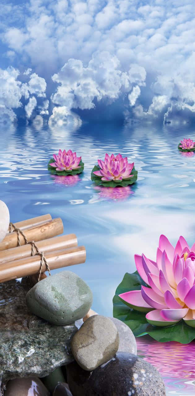 禪 桌布 壁紙 — 粉紅色的蓮花在平靜的藍色水面上靜靜漂浮，旁邊有光滑的石頭和竹子，天空多雲。