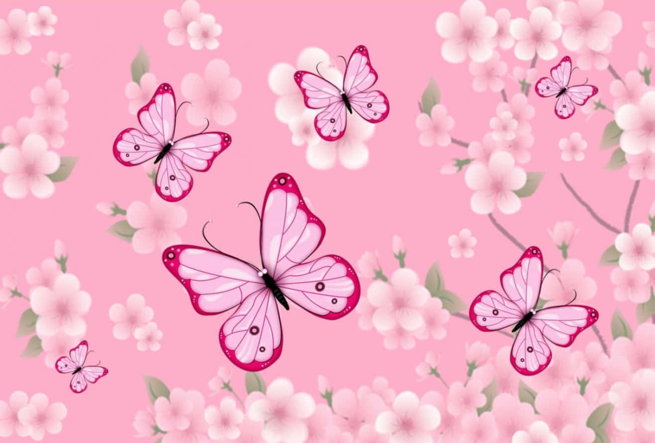 Butterflies 桌布 壁紙 — 粉紅色的蝴蝶帶著精緻的翅膀，在柔和的櫻花間翩翩飛舞，背景是粉彩粉紅色。